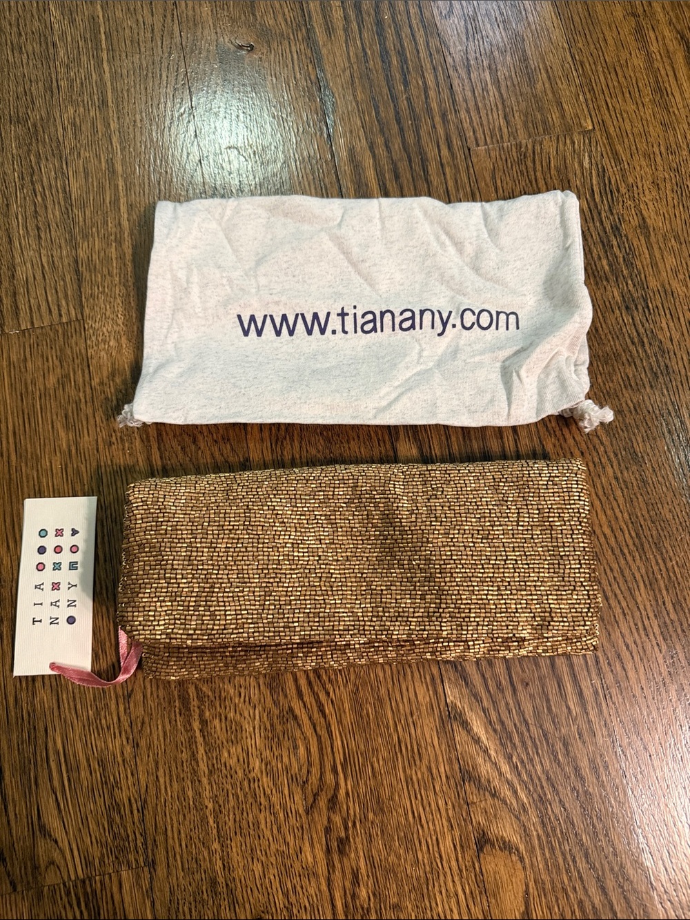 Tiana NY ONE OF A KIND NWT Handmade Gold Beaded Foldover Clutch with Dust Bag